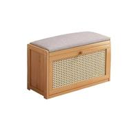 Banc à chaussures en bois à 2 niveaux avec assise rembourrée et portes en rotin réglables, étagères de rangement élégantes pour entrée et halay (50 cm)