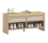 Banc à chaussures - HOMCOM - assise rembourrée en lin, 2 tiroirs en rotin et étagère ouverte - bois - 108x35x50cm - chêne