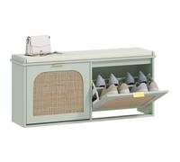 HOMCOM Banc Chaussures entrée, Banc de Rangement étroit, Assise rembourrée, Porte en rotin, 2 tiroirs rabattables et étagères réglables, Style bohème, pour entrée, Couloir, 104 x 26 x 47,5 cm, Vert