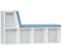 Banc avec rangement et étagère - Banc 2-en-1 - 5 compartiments, 2 coussins, structure en bois avec cadre en plastique - 108 x 30 x 60 cm - blanc et bleu