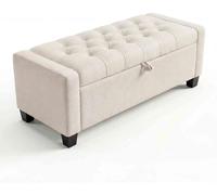 Banc avec rangement - Pouf de 129 cm - Couvercle à fermeture amortie - Rembourrage matelassé - Structure en métal - Pour le couloir, la chambre à coucher, le salon - Beige