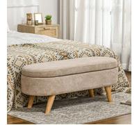 Banc banquette bout de lit coffre de rangement 2 en 1 en tissu avec pieds en bois 110l x 40P x 43H cm cm beige