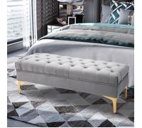 Banc banquette design capitonnée bout de lit grand confort revêtement velours rembourré mousse pieds métal chromé gris clair doré
