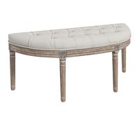 Banc bout de lit demi-lune style Louis XVI bois sculpté patiné tissu grège