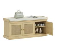 Banc chaussures entrée - HOMCOM - 3 portes en rotin, coussin et étagère réglable - MDF - 105x35x47cm - chêne