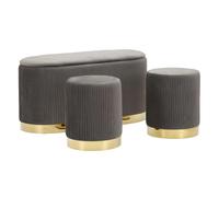 Banc Coffre & 2 Poufs Shopy 80cm Gris & Or