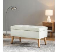 Banc coffre 80x35x42 cm tissu effet velours capitonné pieds bois crème