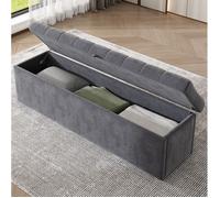 Banc coffre bout de lit avec rangement en velours gris 138 x 41 x 42 cm, banquette rembourrée chambre Grjofek