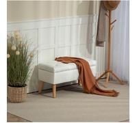 Banc coffre capitonné blanc 80 x 35 x 40 cm, revêtement effet velours, pieds en bois de caoutchouc
