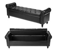 Banc Coffre en Cuir PU 166 cm-Duoku-Bout de Lit avec Espace de Rangement-Accoudoirs et Pieds en Bois-Banquette Capitonnée-Noir