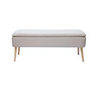 Banc coffre en tissu effet velours texturé beige et bois clair massif L120 cm LARS