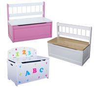 Banc coffre pour enfants Banc de meubles pour enfants Coffre en bois Coffre à jouets Coffre à siège, rose, blanc, lettres, bois résineux, MDF Bunt
