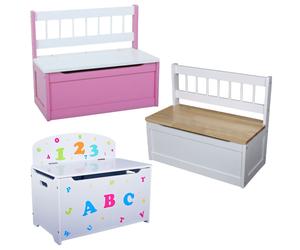 Banc coffre pour enfants Banc de meubles pour enfants Coffre en bois Coffre à jouets Coffre à siège, rose, blanc, lettres, bois résineux, MDF Pink