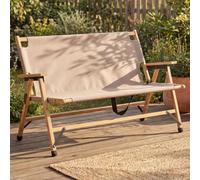 Banc de camping en bambou HWC-Q40, banc d'extérieur, banc de pique-nique, banc de jardin, pliable, poignée de transport, tissu/textile, 117 cm ~ crème