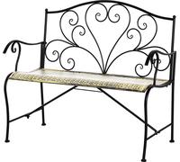 Banc de jardin 2 places néo-rétro en métal, 100 x 50 x 88 cm, noir/doré, aspect fer forgé, dossier haut, assise profonde, métal époxy résistant à la rouille