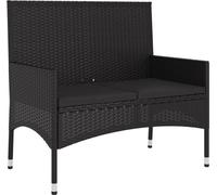 Banc de jardin 2 places, résine tressée noire, cadre acier poudré, avec 2 coussins polyester, 90x51x85 cm