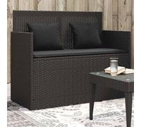 Banc de jardin avec coussin, en résine tressée noire, avec espace de rangement sous l'assise et sac étanche. Coussins d'assise épais avec housse amovible et lavable. Système à ressort à gaz
