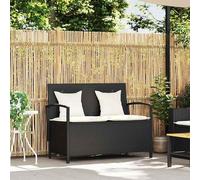 Banc de jardin avec rangement, dimensions : 111 x 56 x 87 cm, en polyrotin, de couleur noire, avec coussin de siège et dossier amovibles, et une poche intérieure étanche