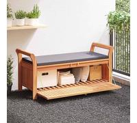 Banc de jardin avec rangement, en bois d'acacia massif, de 126 cm de long. Banc résistant aux intempéries, idéal pour balcon, terrasse et jardin, avec coussin de siège confortable et accoudoirs