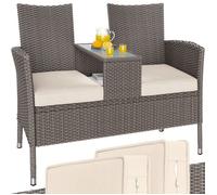 Banc de jardin CASARIA® en polyrotin 2 places avec coussins table intégrée 145 x 58 x 87 cm Salon de jardin extérieur crème