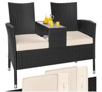 Banc de jardin en polyrotin 2 places avec coussins table intégrée 145x58x87cm Salon de jardin extérieur noir