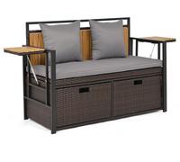 Banc de jardin COSTWAY en polyrotin avec espace de rangement, tablettes latérales rabattables et coussins, banc coffre résistant aux intempéries, banc de balcon 2 places, banc 120 x 51 x 82 cm, gris