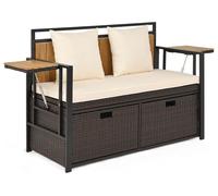 Banc de jardin COSTWAY en polyrotin avec espace de rangement, tablettes latérales rabattables et coussins, banc coffre résistant aux intempéries, banc de balcon 2 places, banc 120 x 51 x 82 cm, beige
