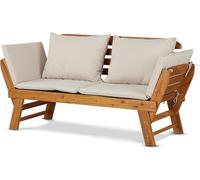 Banc de jardin en acacia huilé, convertible en lit de jour ou transat, polyvalent. Ensemble de salon avec structure marron, pliable, coussins amovibles en polyester gris clair, résistant aux intempéri