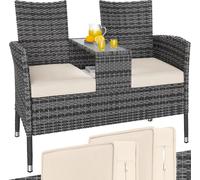 Banc de jardin en polyrotin 2 places avec coussins table intégrée 145 x 58 x 87 cm Salon de jardin extérieur gris