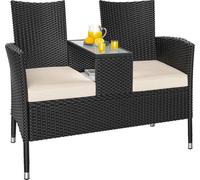 Banc de jardin en polyrotin 2 places avec coussins table intégrée 145x58x87cm Salon de jardin extérieur noir