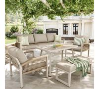 Banc de jardin fait main pour 7 personnes avec accoudoirs / Structure robuste en acier et coussins beiges / Ensemble complet comprenant une table (verre aspect bois) et 2 fauteuils / Ensemble de mobil