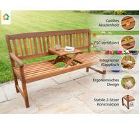Banc de jardin pour 2 personnes avec table pliante en bois d'acacia, dimensions : 153 x 57 x 88 cm