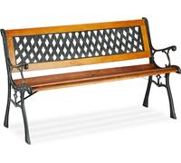 Banc de jardin Relaxdays, 2 places, dossier décoratif, fonte, montants en bois, banc de parc, H x l x P 73 x 125 x 52 cm, couleur naturelle