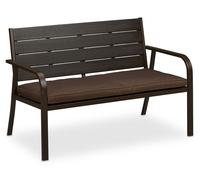 Banc de jardin Relaxdays avec coussin d'assise, aspect bois, dimensions : 78 x 118 x 66 cm, 2 places, banc de balcon robuste, banc, marron