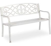 Banc de jardin Relaxdays, banc de parc robuste en métal, banc d'extérieur avec dossier en fonte, 86 x 127 x 57 cm, blanc/bronze