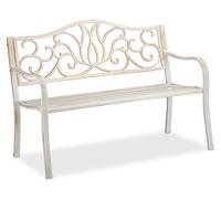 Banc de jardin Relaxdays style antique pour 2 personnes, balcon, terrasse, banc en métal L 90 x P 127,5 x H 63 cm, acier, fonte, blanc-bronze