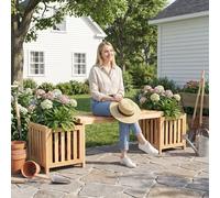 Banc de jardin Zerbaco, en bois, pour 2 personnes, avec un bac à fleurs et 2 jardinières, couleur naturelle