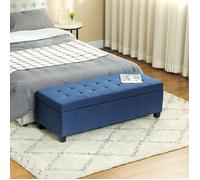 Banc de rangement 94,5L banquette bout de lit en tissu aspect lin et pieds en bois, 125 x 49 x 41,5 cm, bleu