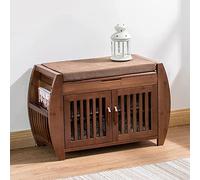 Banc de rangement à chaussures rustique en bois massif avec porte-revues, siège rembourré en lin, meuble à chaussures élégant, 71 x 45 x 33 cm, parfait pour la décoration de la maison