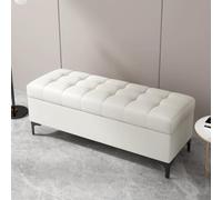 Banc de Rangement Capitonne Cuir PU Bout de Lit Rembourre Pouf avec Coffre | Banquette Chaussures Moderne Coffre de Rangement avec Pieds en Metal pour Chambre Salon Entree(Pearl White,130cm/51.2in)