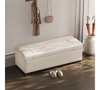 Banc de Rangement en Cuir Grainé Coffre Bout de Lit Pouf Assise Rembourré | Meuble Chaussures Entrée Banquette avec Rangement Cadre Bois Massif Repose Pieds avec Couvercle(Pearl White,120cm/47.2in)