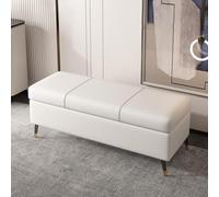 Banc de Rangement en Cuir Pieds Métal Bout de Lit Coffre Scarpiera Pouf | Banquette Rangement Anti-Rayures Bois Massif Meuble Chaussures Entrée avec Couvercle(Pearl White,120cm/47.2in)