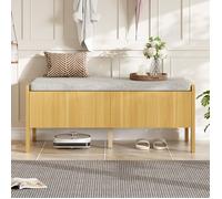 Banc de rangement en rotin - Dimensions 113x45,5x40 cm - Naturel et Gris - Bambou et MDF - Côtés en rotin - 2 tiroirs