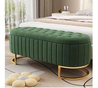 Banc de Rangement en Velours Vert - 120x40x43cm - Pouf Coffre Bout de Lit avec Pieds en Métal Doré pour Entrée et Salon