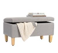 HOMCOM Banc de Rangement, Bout de Lit, Repose-Pieds Rembourré en Lin avec Pieds en Bois de Caoutchouc, pour Salon, Chambre, Entrée, 71 x 37 x 36 cm, Gris Clair
