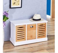 Banc de rangement TRIENT meuble bas coffre et 3 caisses de rangement, en MDF et bois de paulownia blanc/naturel