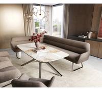 Banc-de-salle-à-manger Taya-Flex 285x190 cm tissu structuré doux taupe châssis à patins plat acier inoxydable ressort ensaché à droite