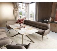 Banc-de-salle-à-manger Taya-Flex 285x190 cm tissu structuré doux taupe pied croisé angulaire titane ressort ensaché à droite
