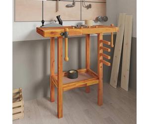 Banc de travail en bois d'acacia massif, équipé de pinces, dimensions 92x48x83 cm. Il offre une surface de travail stable, un espace de rangement pour les outils et est idéal pour un atelier, un garag