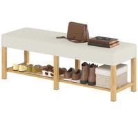 Banc d'entrée pour 2 personnes, meuble à chaussures en bois massif rembourré, aspect lin, couleur crème | Rembourrage de 6 cm | Capacité jusqu'à 220 kg | 140 x 44 x 48 cm